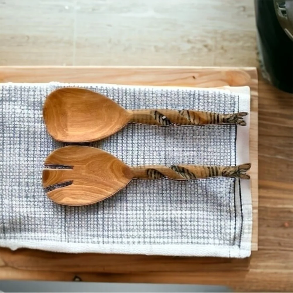 Set 2 Hand-Carved Zebra Wood Salad Serving Hands 11